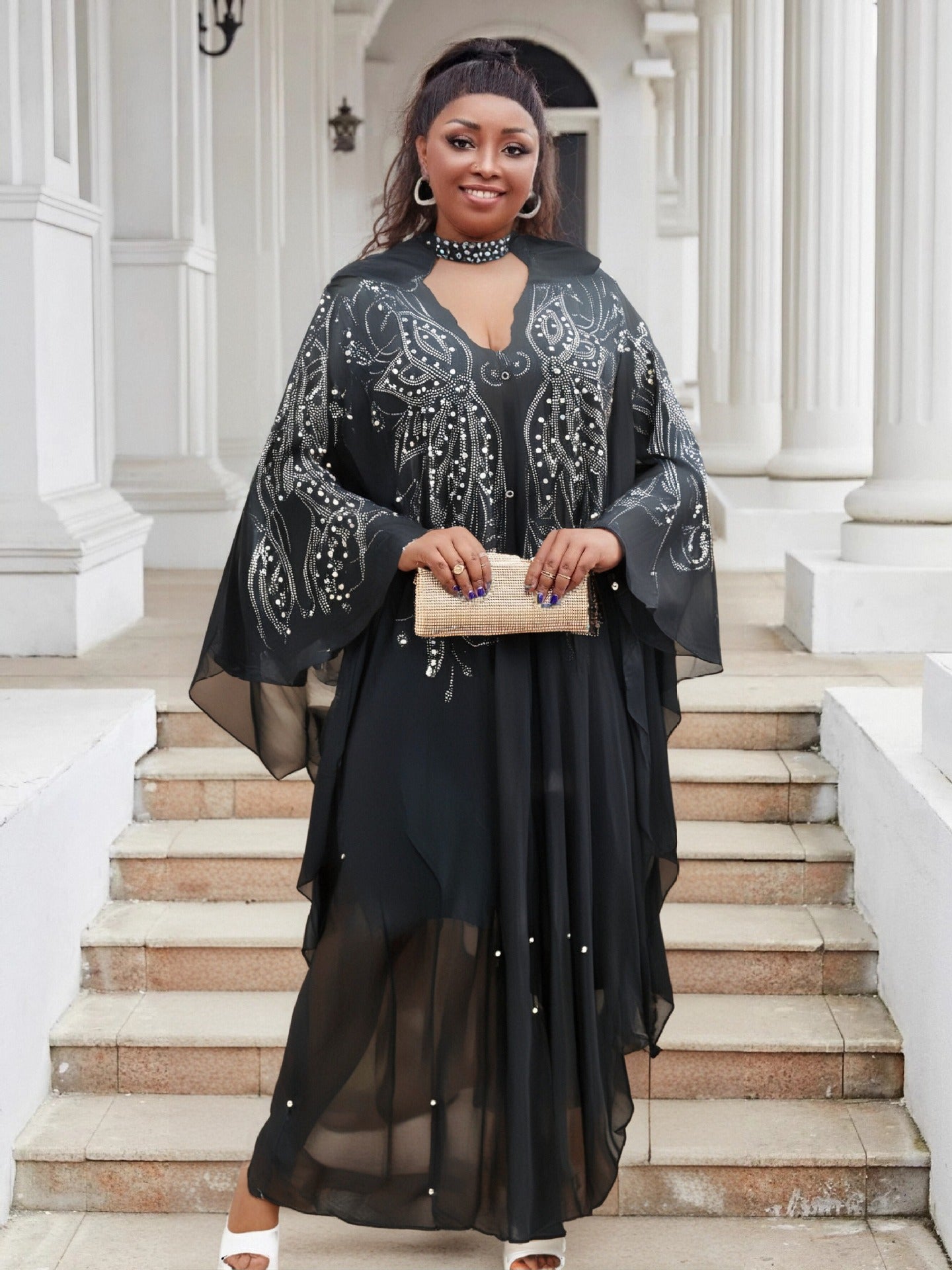 Women Bat Sleeves See-Through Mesh Beaded Beaded Cape Hooded Cape Dress 6