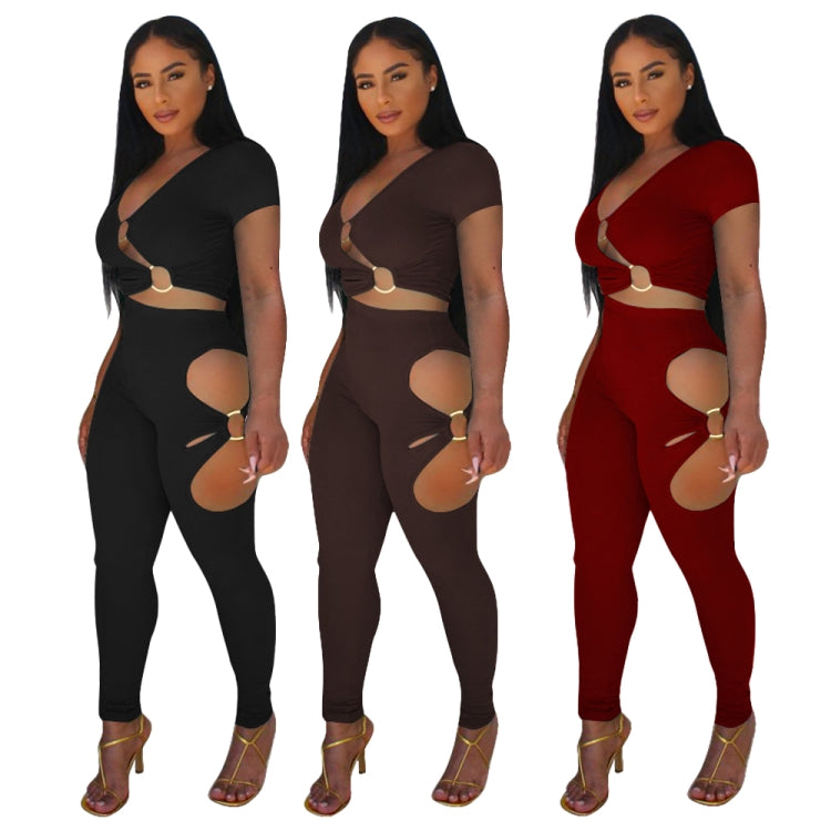 Women Summer Brown Sexy V-neck Short Sleeves High Waist Solid Hollow Out Skinny Two Piece Pants Set 8