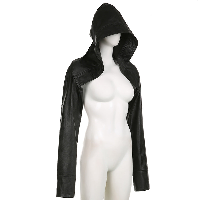 Hip-Hop Street Trendy Hooded Ultra-Short Leather Long-Sleeved Pure Black Jacket 10