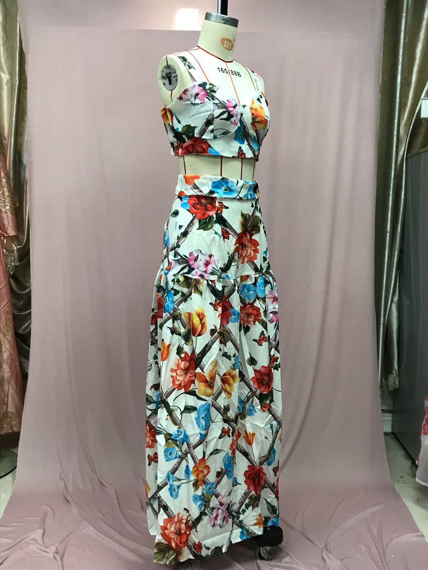 Women Sexy Chic Suspender Printed Top And Beach Skirt Two-Piece 13