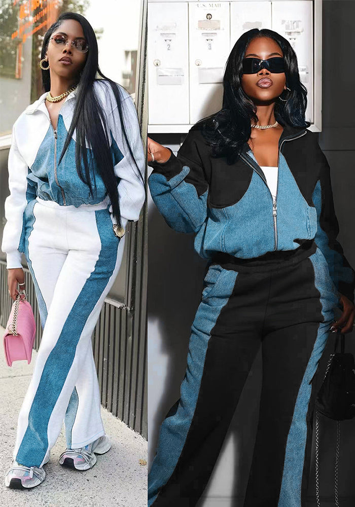 Women Fall/Winter Denim Patchwork Jacket Trousers Two Piece Set