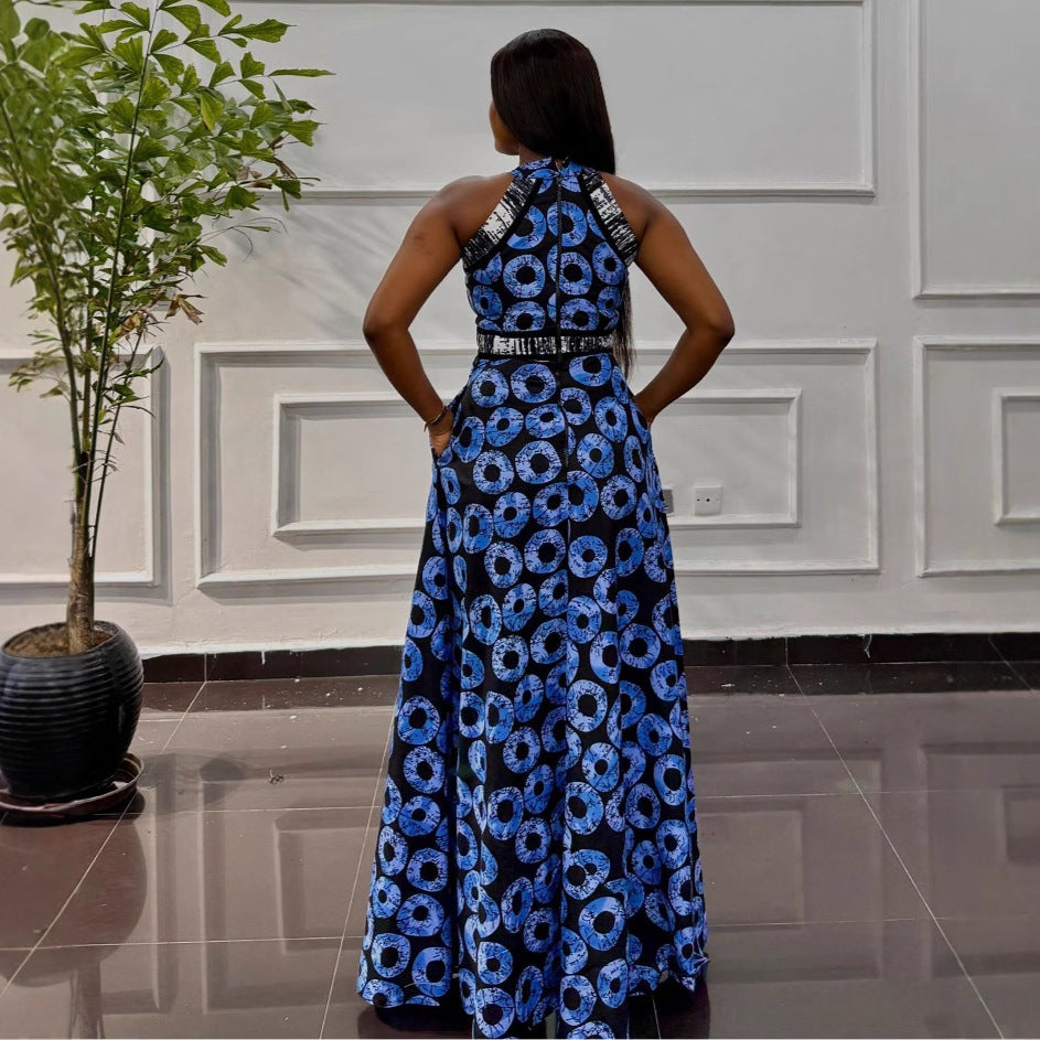 Printed Slim Waist Slit A-line Dress