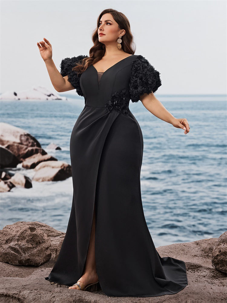 Plus Size Puff Sleeve Evening Dress Formal Party Sexy Slit Chic Mermaid Long Dress 5