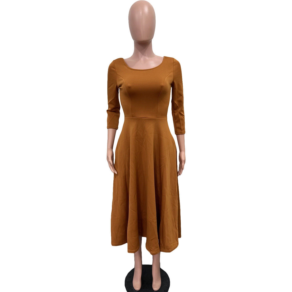 Ladies Spring Solid Color U-Neck Pocket Swing Dress 12