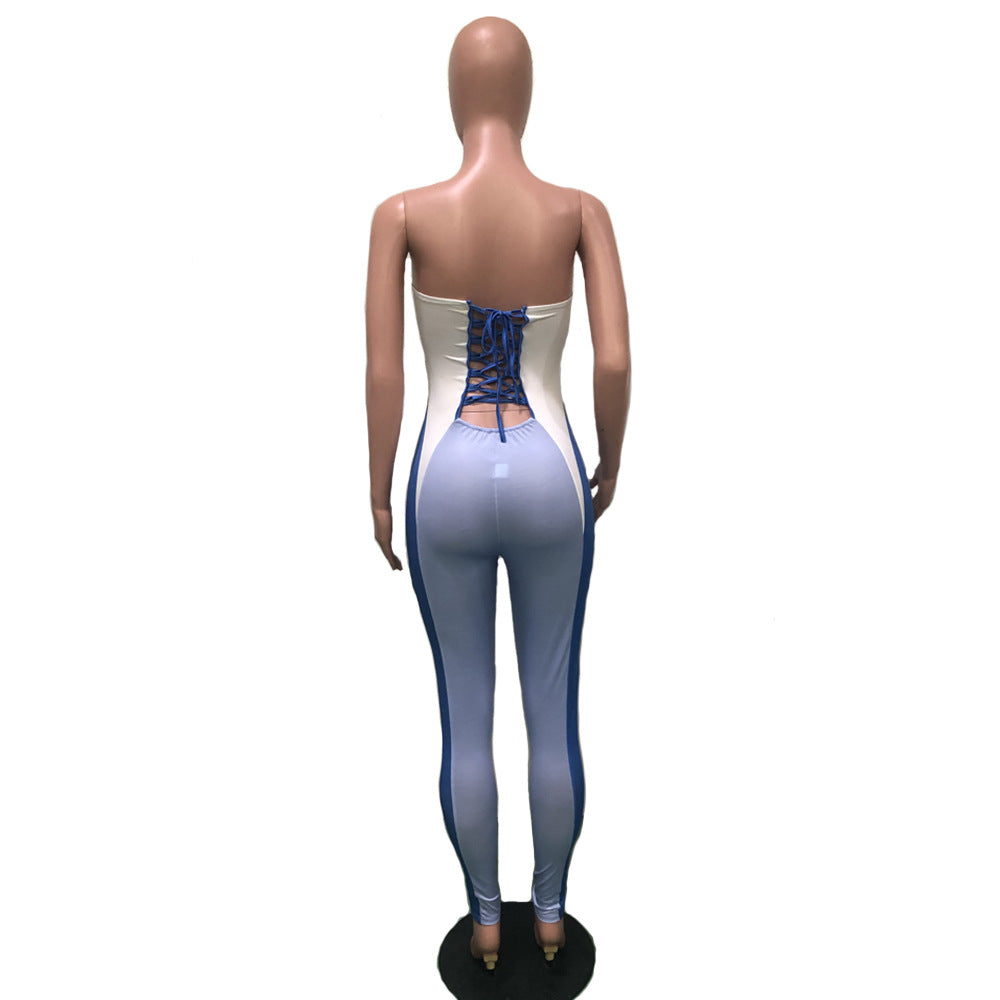 Women's Sexy Print Lace-Up Hollow Waist Strapless Jumpsuit 11