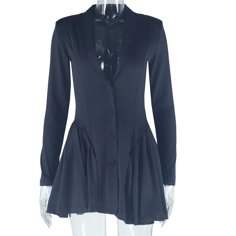 Women Sexy Solid V Neck Long Sleeve Pleated Skirt 13