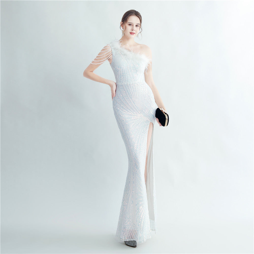 Feather beaded Slash Shoulder formal Party evening dress 16