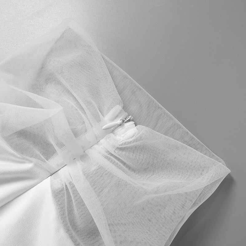 Women's Summer Solid Color Patchwork Mesh Round Neck Long Sleeve Slim Fit Pleated Short Dress 11