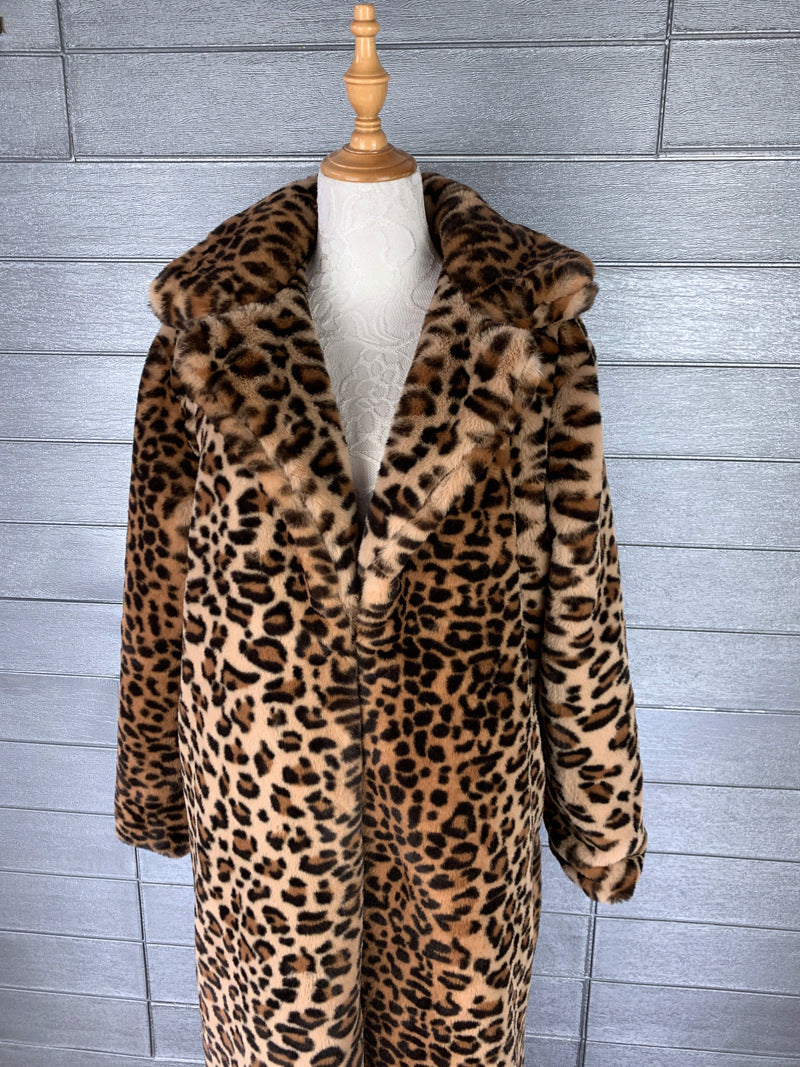 Women Leopard Turndown Collar Furry Long Coat 11