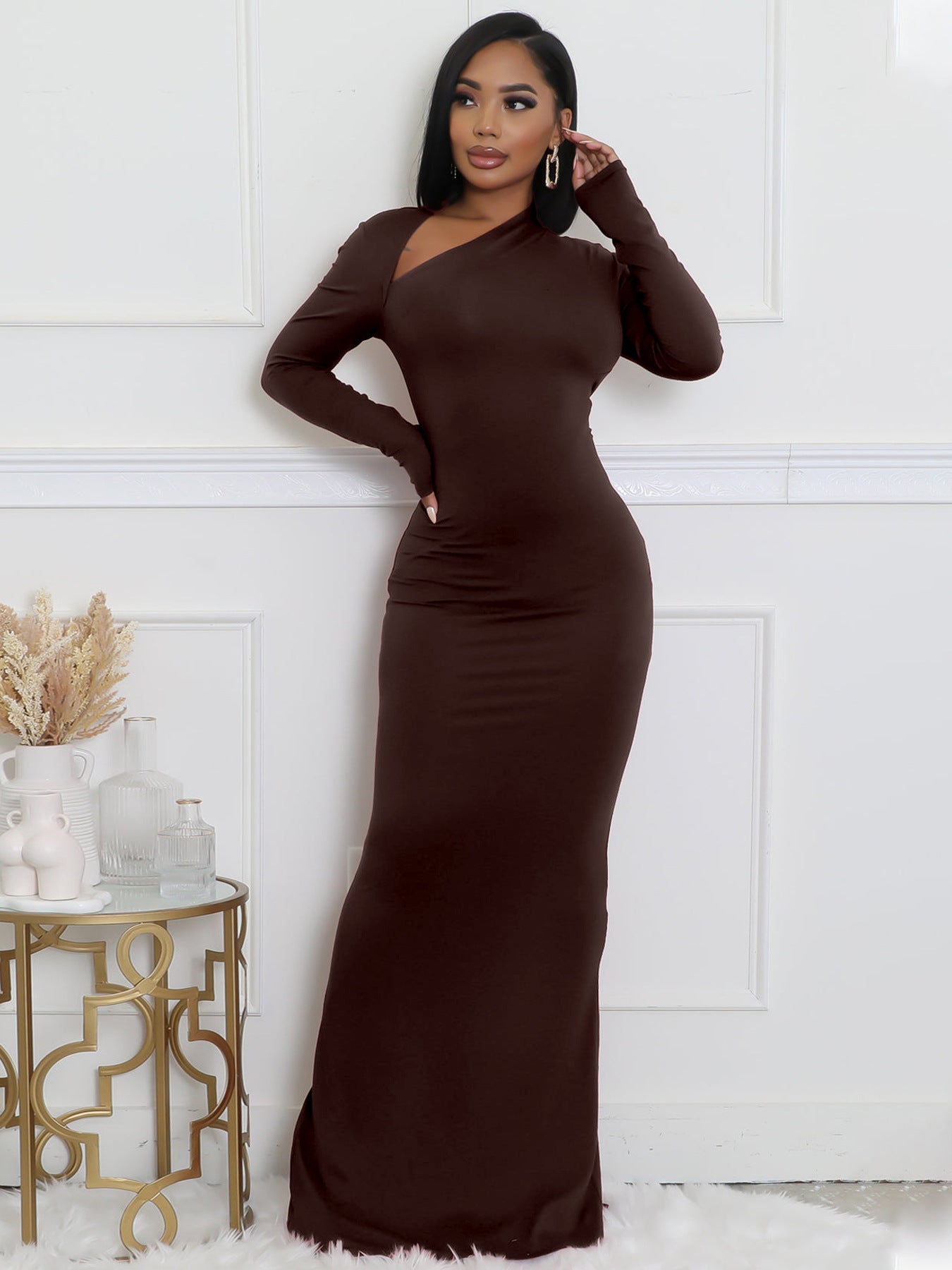 Women Solid Long-Sleeve Slash Shoulder Fishtail Bodycon Dress 10