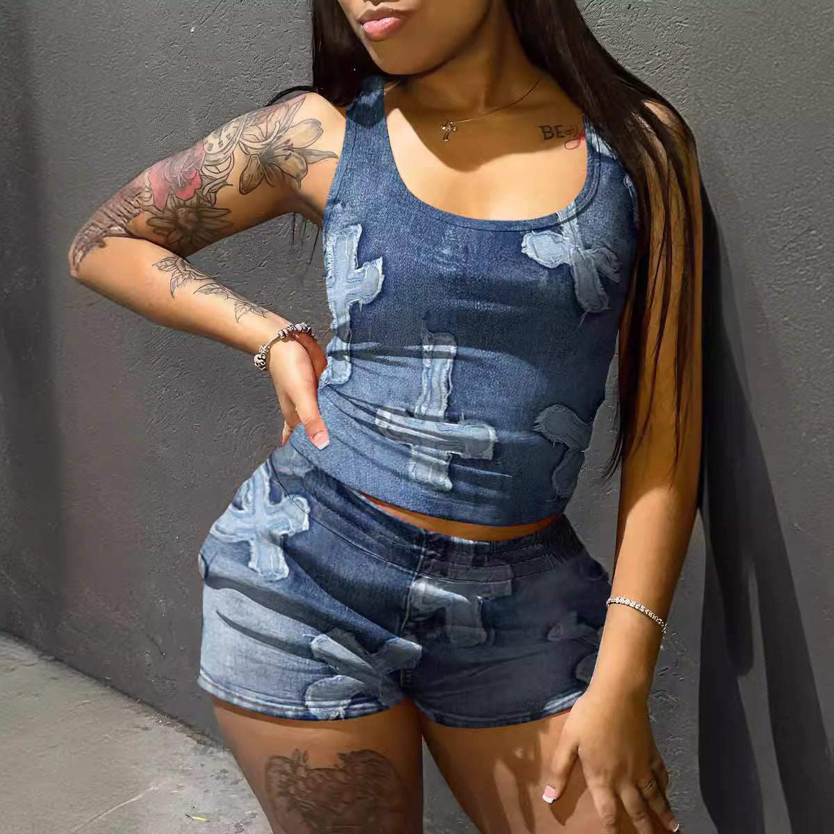 Casual Sports Women's Printed Sleeveless T-Shirt Tight Fitting Shorts Set