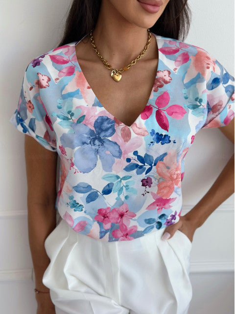 Women summer printed V-neck loose short-sleeved shirt 5