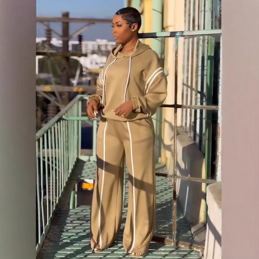 Ribbon Patchwork Hooded Hoodies Pants Two-Piece Tracksuit 6