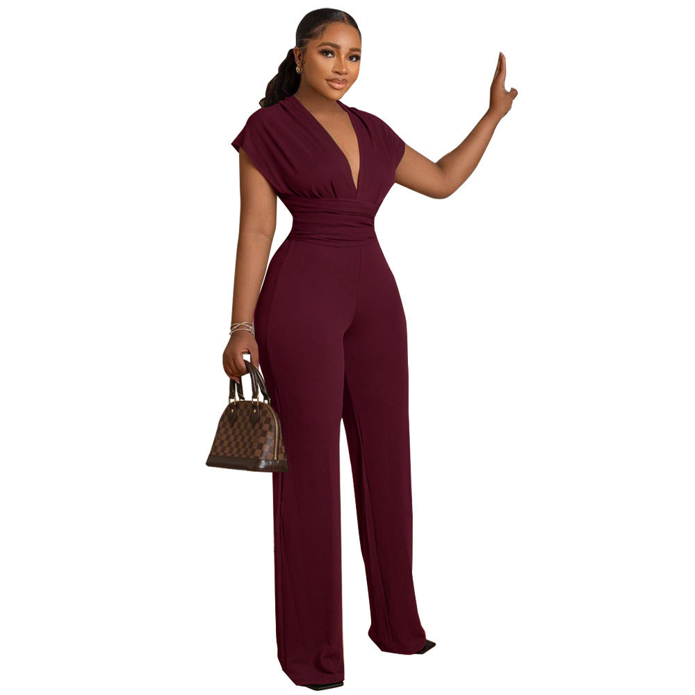 Solid Color Slim Women's Deep V Sexy Fashion Casual Jumpsuit 13