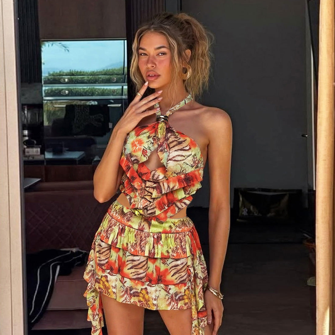 Summer Women's Sexy Halter Neck Tie-Up Low-Back Printed Dress