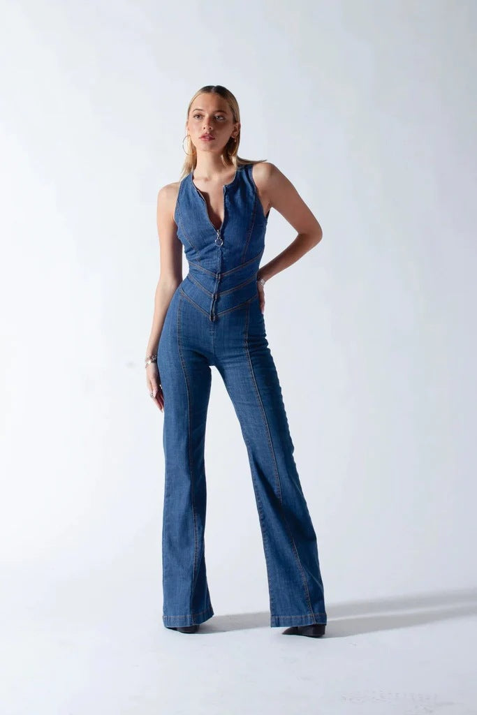 Women’s Retro Streetwear Slim-Fit Sleeveless Hollow Denim Jumpsuit 3