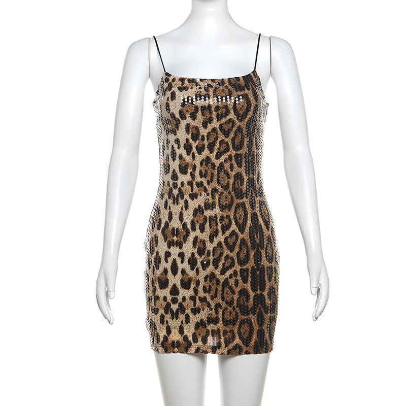 Spring women's clothing fashion sequin leopard straps Bodycon Dress 11