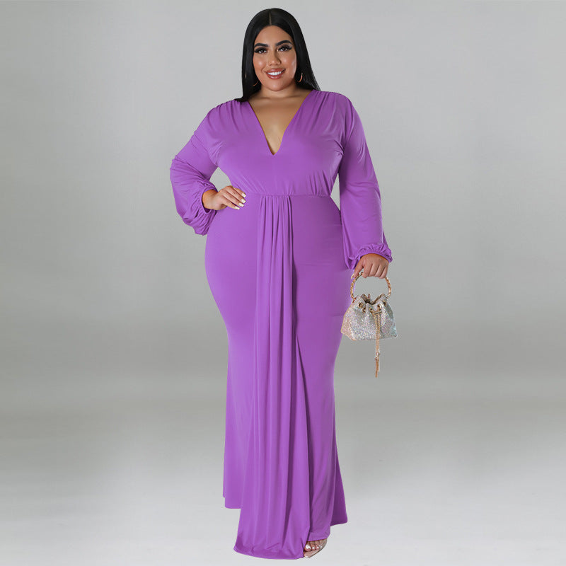Plus Size Women's Solid Color Sexy Deep V Neck Long Sleeve Pleated Dress 12