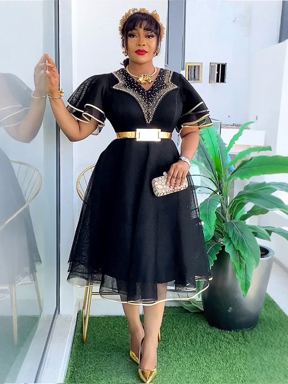 Plus Size African Women V-neck Bodycon Beaded Dress With Belt 8