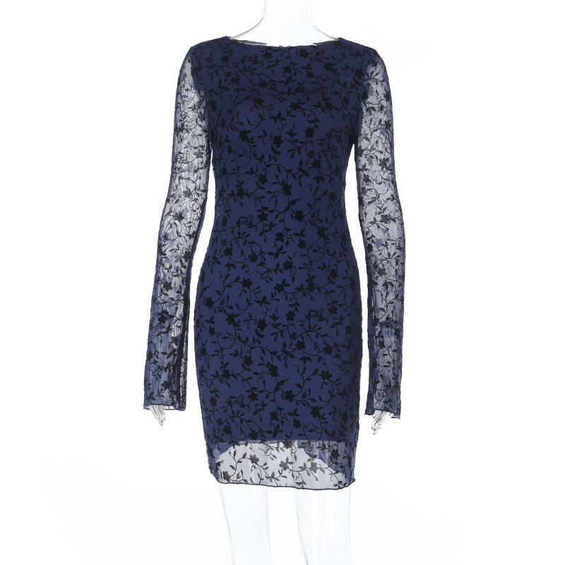 Mesh Flocked Print Long-Sleeve Chic Short Dress 5
