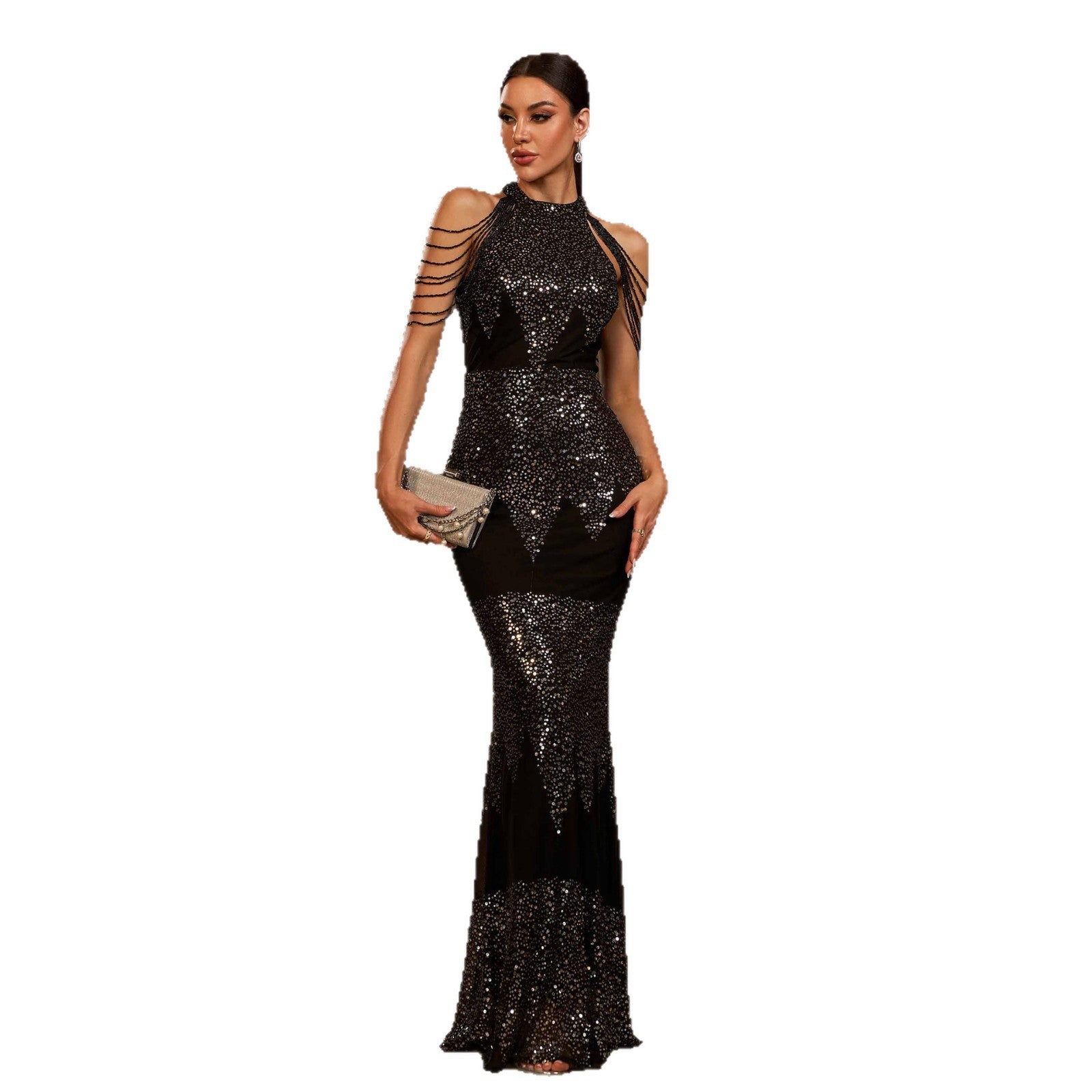 Women Sleeveless Round Neck Sequined Bodycon Formal Party Mermaid Evening Dress 6