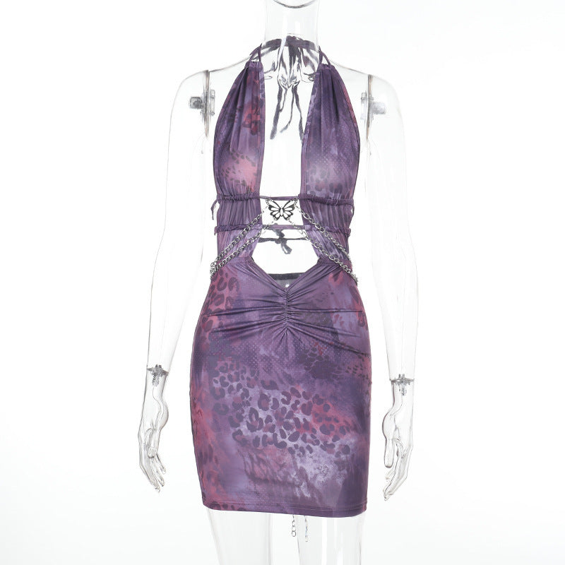 Animal Print Sexy Deep V Low Back Cutout Bodycon Dress