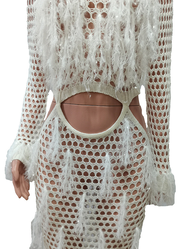 Women's Tassel Knitting Casual Hollow Sequin Beach Long Dress 20