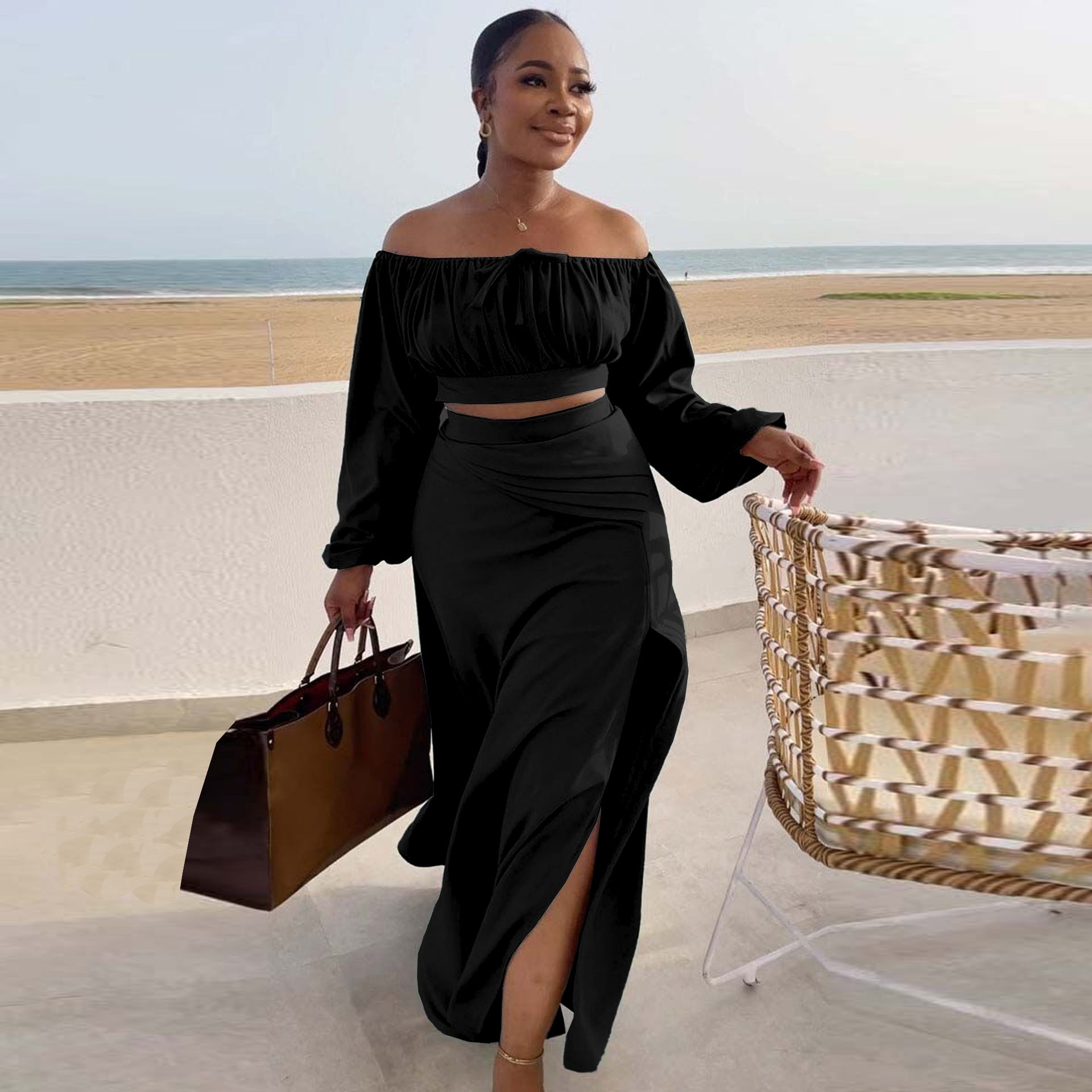 Plus Size Women Sexy Off Shoulder Balloon Sleeve Top and Skirt Two-Piece Set