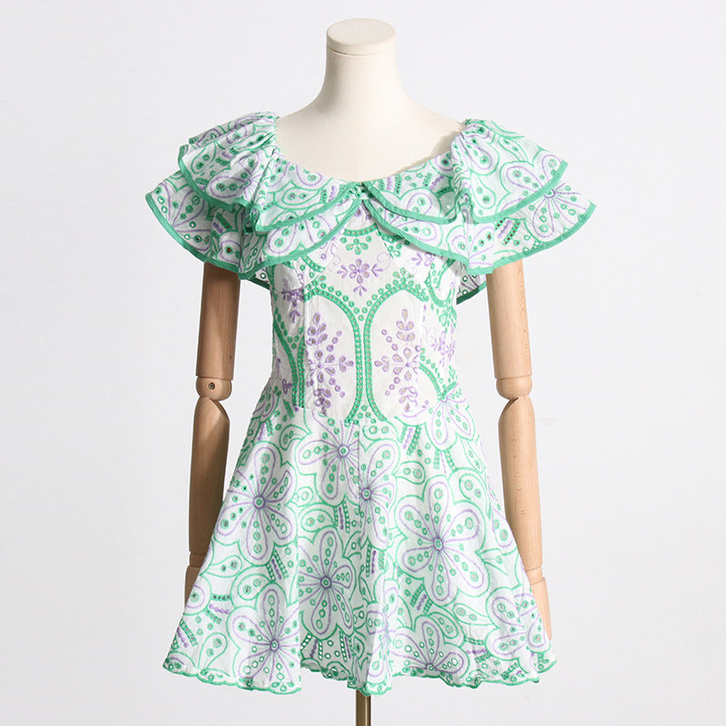 Summer Off Shoulder ruffle embroidered lace Slim Waist Slim Fit Holidays style dress 16