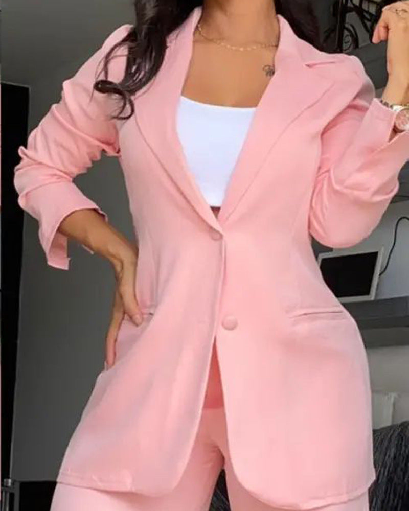 Women Solid Turndown Collar Blazer+ Pants Two-piece Set 6