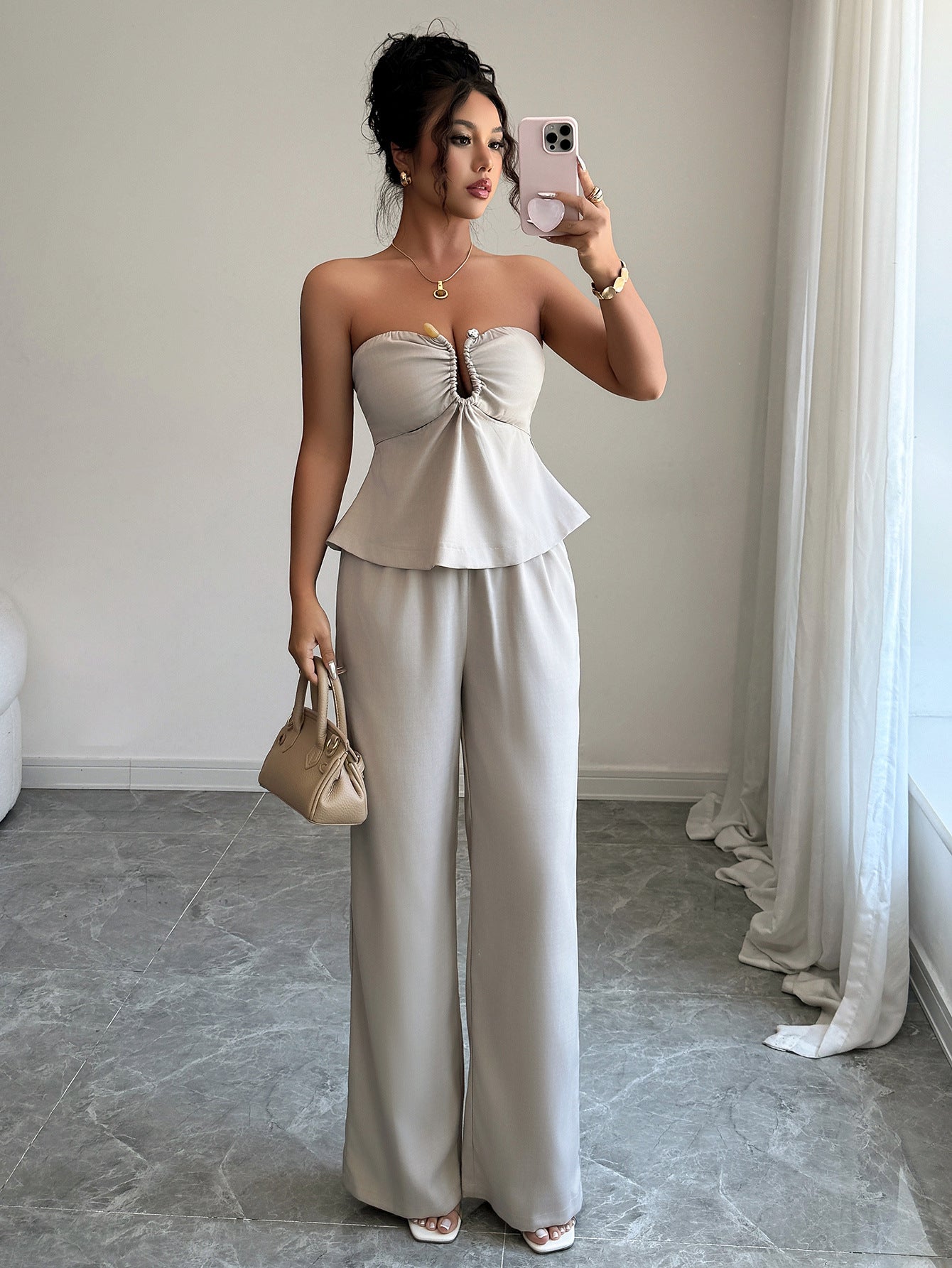 Elegant Strapless Straight-Leg Pants Set