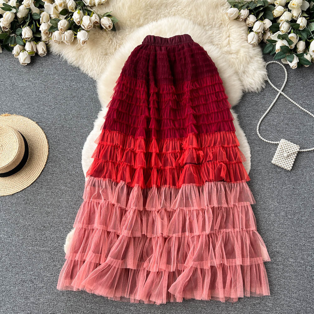 Women  Irregular Gradient Cascading Ruffles Puffy Mesh Skirt 10