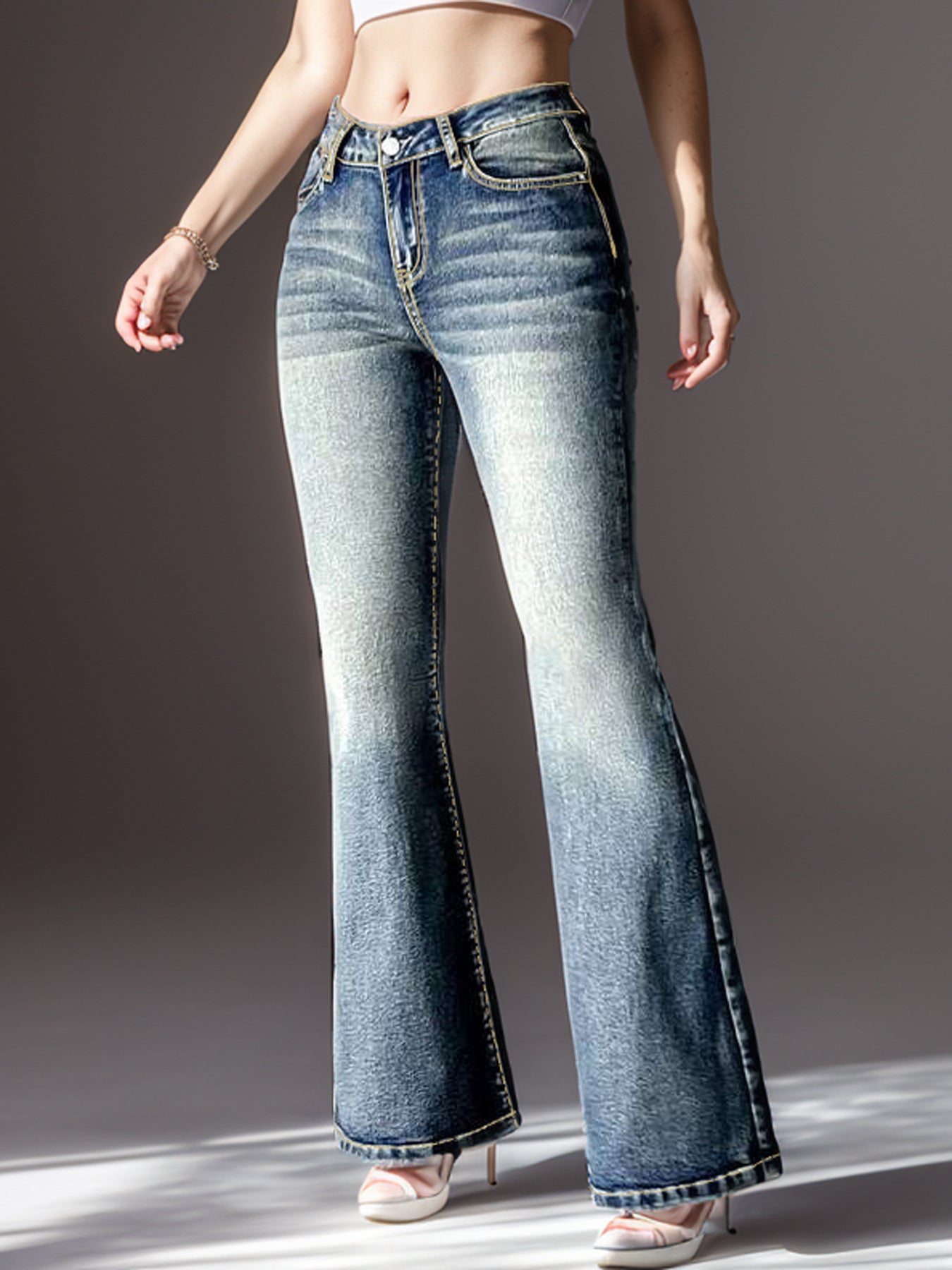 Women Vintage Stretch Pocket Embroidered Bell Bottom Denim Pants