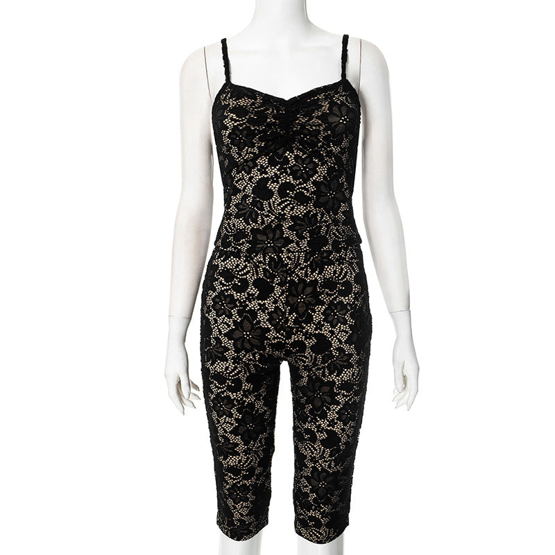 Women's Sexy Lace See-Through Strap Top Casual Pants Two-Piece Set 8