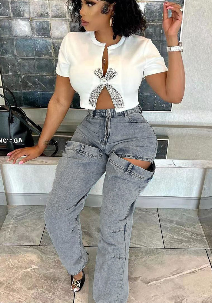 Fashionable Women's Clothing Stretch Casual Hollow Denim Pants 3