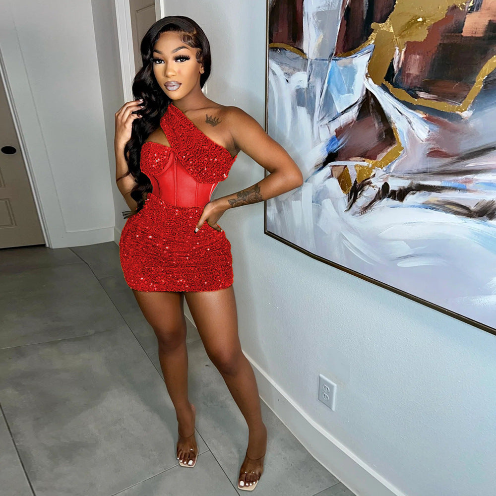 Sexy Slash Shoulder Sequin Patchwork Polyester Mesh Club Party Bodycon Dress Women 3