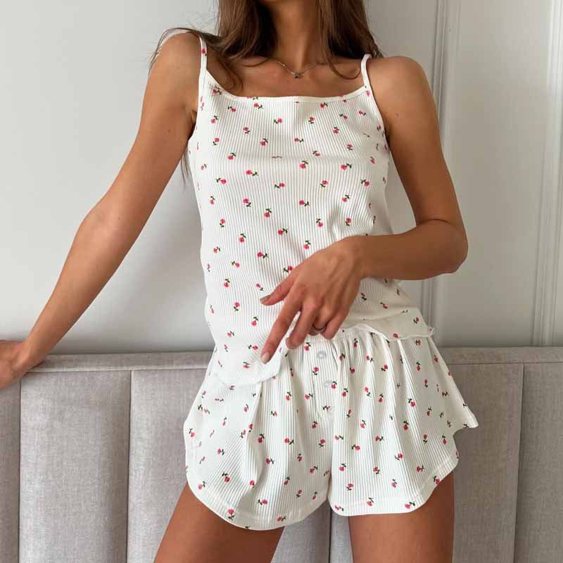 Summer Women's Casual Home Clothes Printed Strap Shorts Pajamas Two-Piece Set