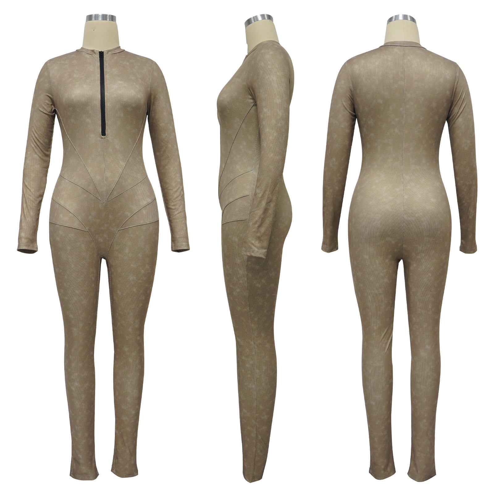 Women's Ribbed Printed Sexy V-Neck Tight Fitting Zipper Jumpsuit 26