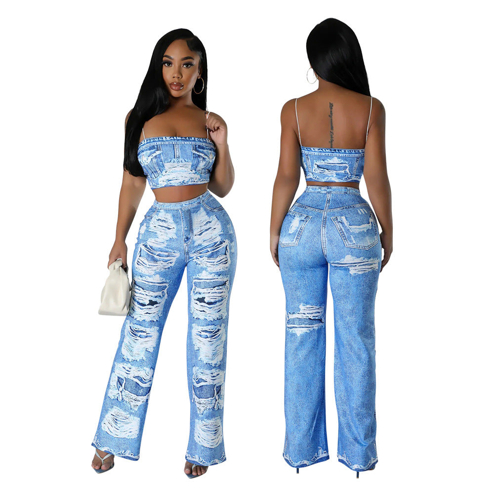 Sexy Fashion Print Strap Top Slim Flared Trousers Two-Piece Set