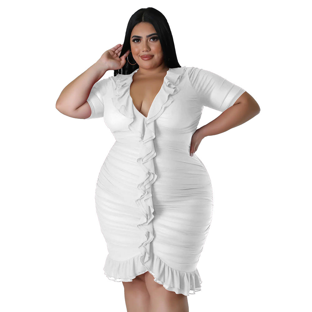 Plus Size Women'S Mesh Lining See-Through Double Layer Ruffle Sexy Dress 9
