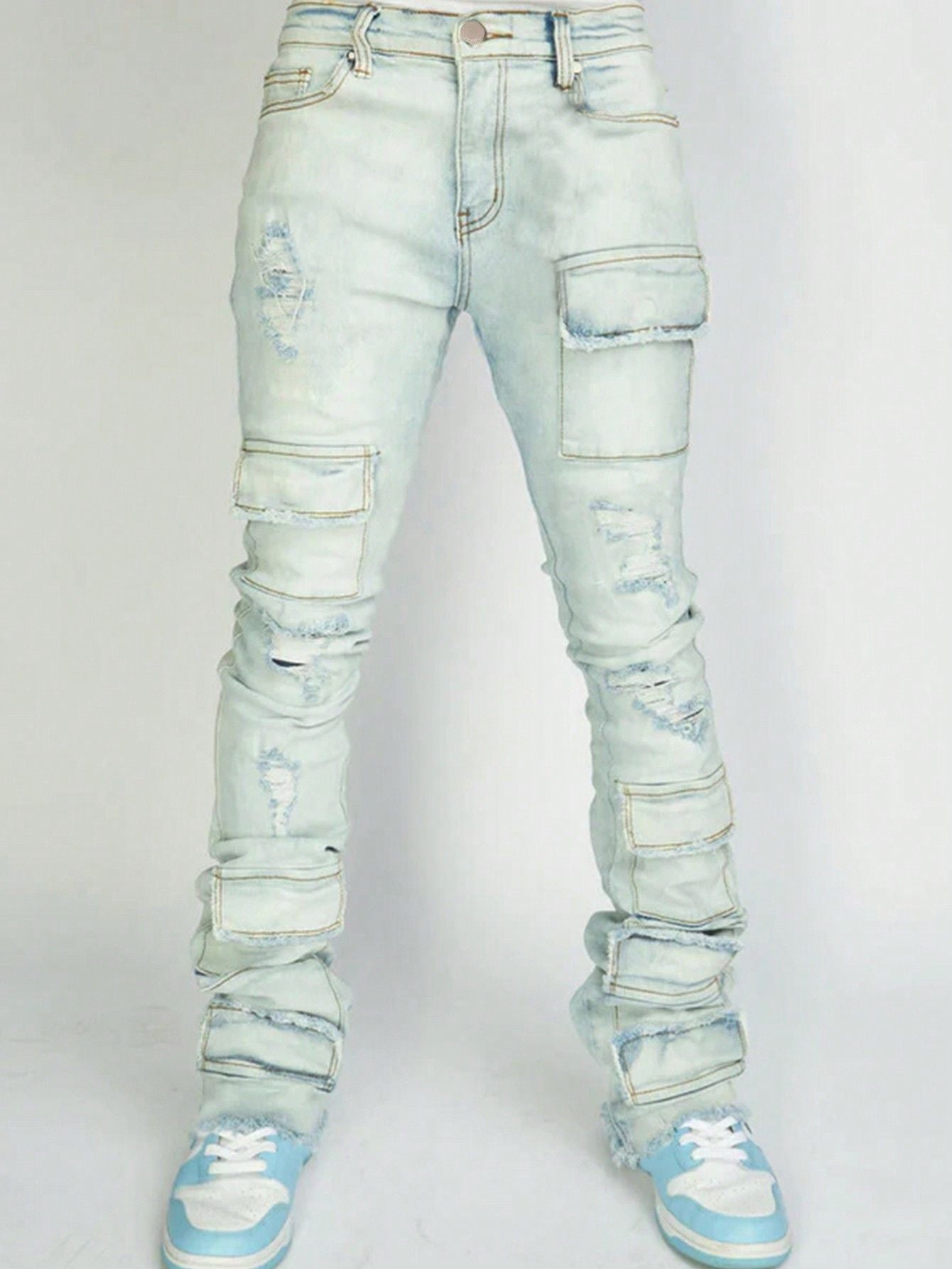 Men's Ripped Denim Cargo Straight Pants 7