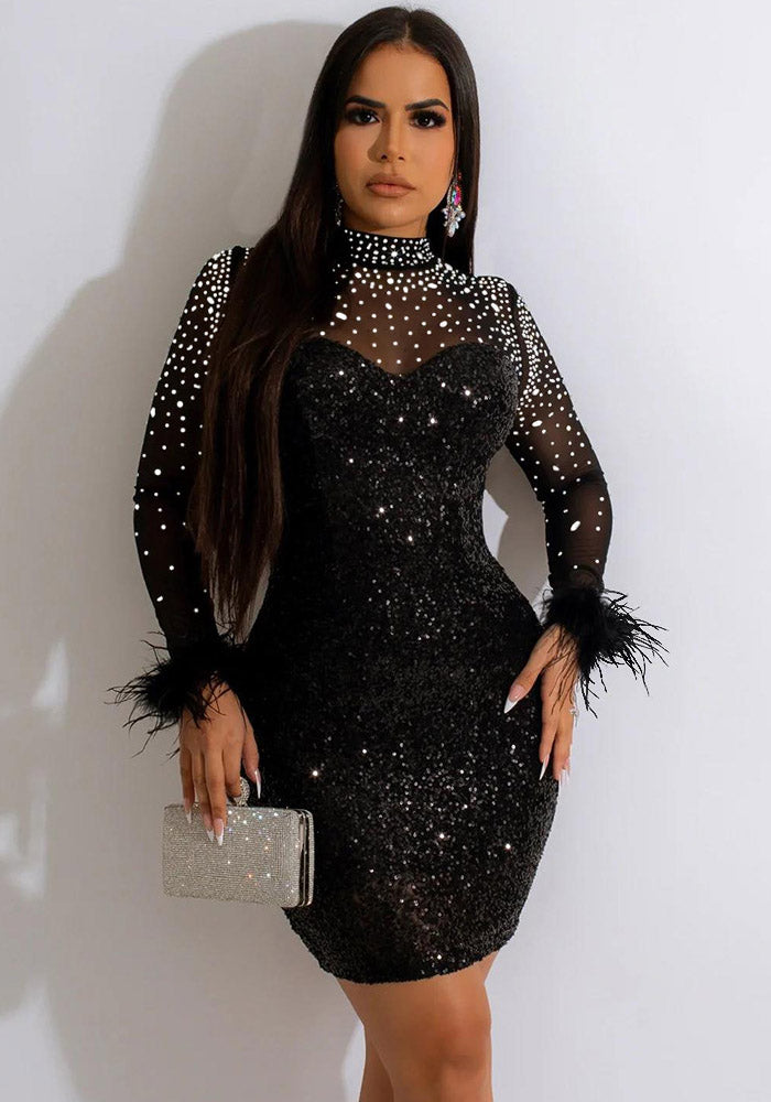 Women's Fashion Beaded See-Through Long Sleeve Feather Dress