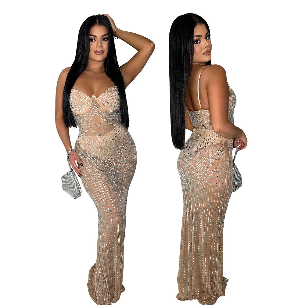 Sexy Fashion Sleeveless Beaded Straps Low-Back Slim Fishtail Dress 7