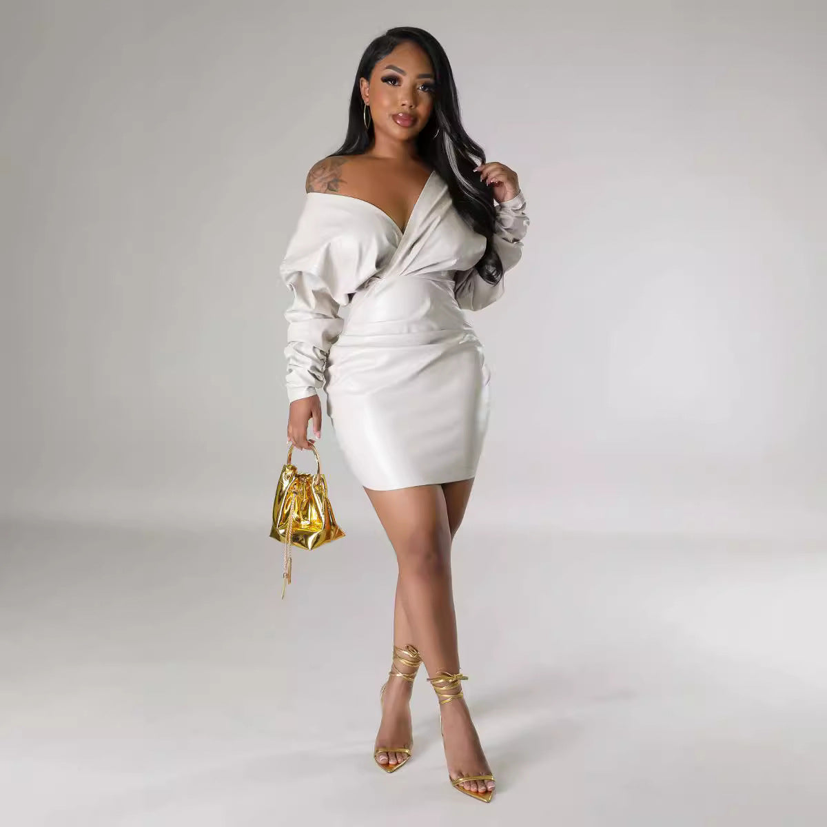 Women's Sexy V-Neck Long Sleeve Slim Leather Dress 6