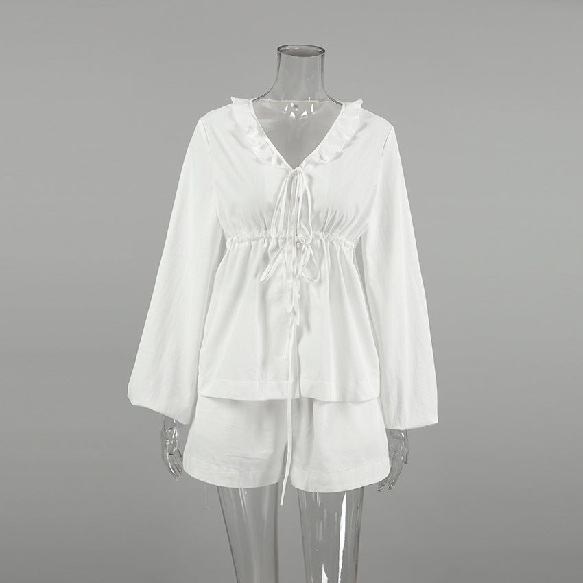 Summer Comfortable Style Sexy White V-Neck Slim Waist Lace-Up Long-Sleeved Top Shorts Linen Ruffle Two Piece Set 10