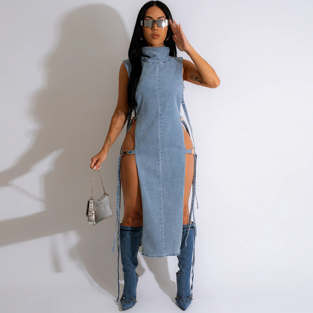 Sexy sleeveless hollow slit high collar denim dress 13