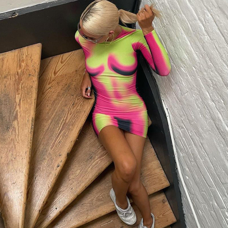 Women Spring and Summer Printed Round Neck Long Sleeve Bodycon Dress