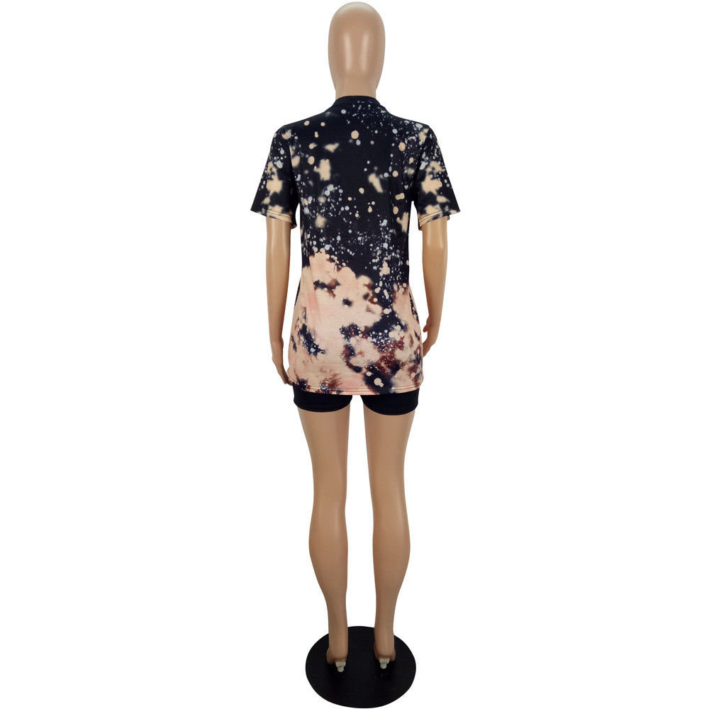 Women's Spring Summer Fashion Style Print Short Sleeve T-shirt shorts two piece Set 10