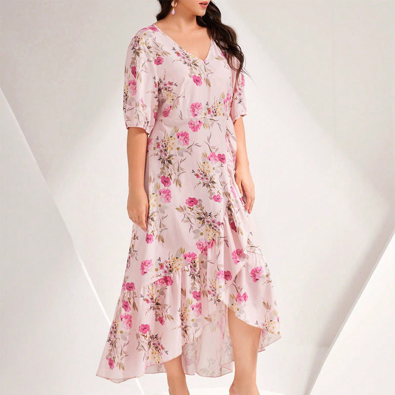 Plus size Women ruffled patchwork print v-neck short-sleeved dress 5