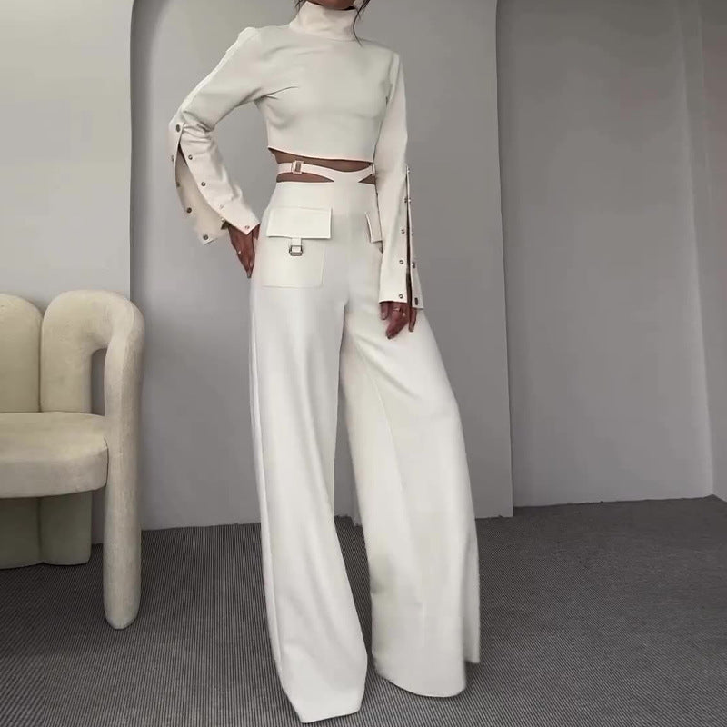 Autumn High-Neck Solid Color Crop Top Loose Wide-Leg Pants Two Piece Set 3